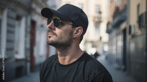 A man wearing a black hat and sunglasses, perfect for fashion blogs or urban lifestyle websites