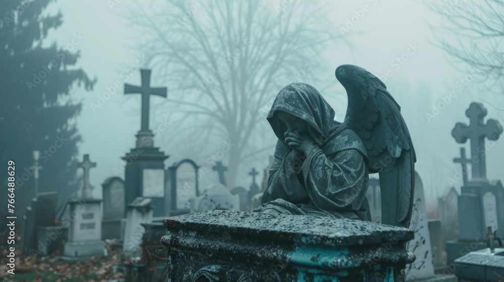 Fototapeta premium Eerie scene of an angel statue in fog, suitable for Halloween themes