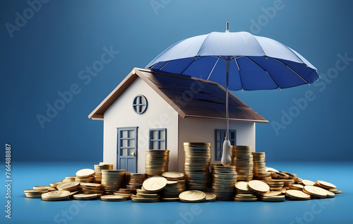 Insurance when renting and buying a home, coins and a house under an umbrella, 3D render and Insurance concept photo