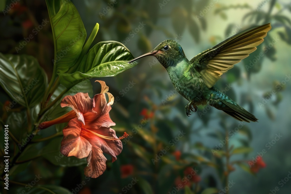 Obraz premium A beautiful hummingbird in flight over a colorful flower. Perfect for nature and wildlife concepts