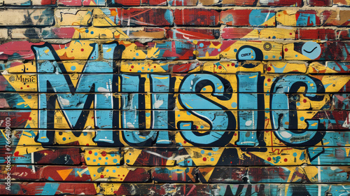 A person looks at the word "Music" on a solid colored background in an image with a unique identifier.