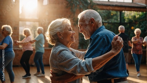 Happy senior couple, man and woman, dancing a passionate Bachata dance in the studio.