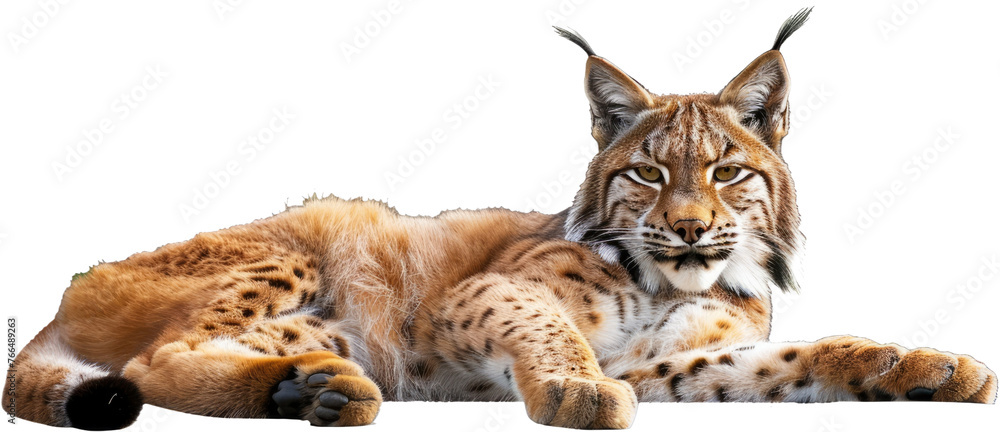Agile Eurasian lynx crouching, cut out transparent