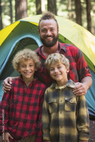 Happy family camping together in the woods © Adobe Contributor