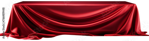 Red silk cloth covers the wooden table on a transparent png