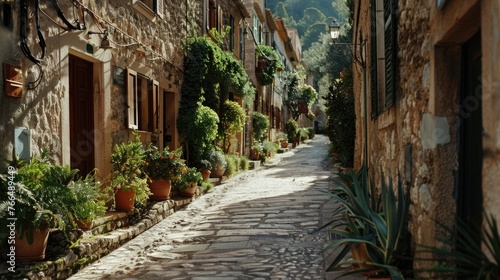 A charming narrow street lined with potted plants. Perfect for travel blogs