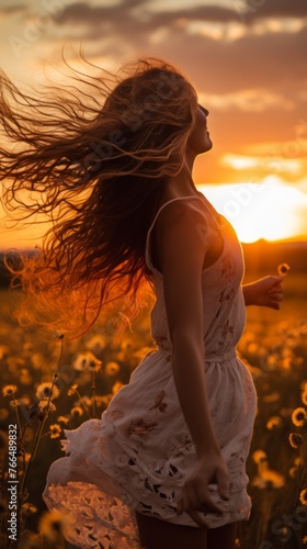 carefree young woman dancing in a field of flowers at sunset