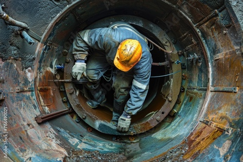 Fototapeta Naklejka Na Ścianę i Meble -  Man wearing yellow hard hat inside pipe, suitable for construction industry projects