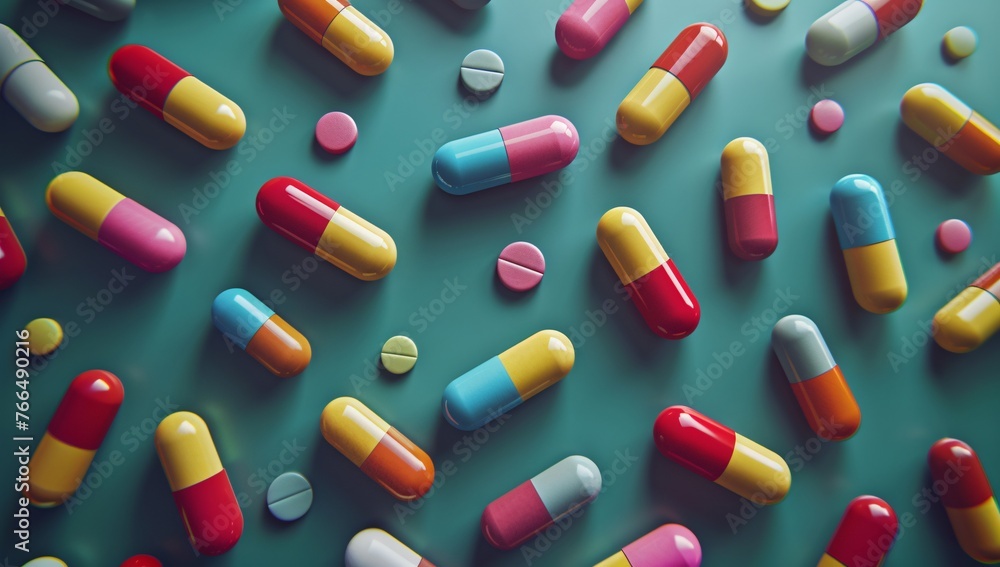 A scattering of colorful pills and capsules on a teal background, symbolizing modern medicine A scattering of colorful pills and capsules on a teal background, symbolizing modern medicine