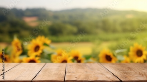 The empty wooden table top with blur background of sunflower field. Exuberant image. generative AI