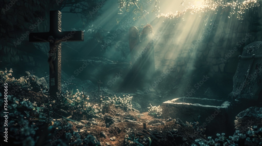 A cross standing in the middle of a forest. Suitable for religious and spiritual themes - obrazy, fototapety, plakaty 