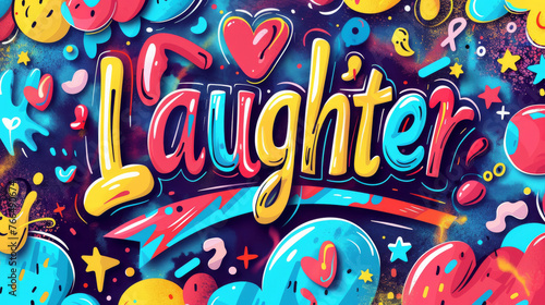 The image features the word "Laughter" in bold font on a plain colored background, capturing the essence of joy and happiness.
