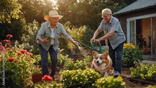 Happy senior couple relaxing working in the garden in a country house with a corgi dog.