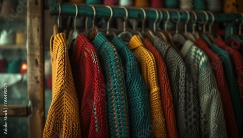  A range of colorful knitted sweaters displayed on a rack