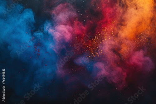 A cloud of cosmic dust particles suspended in space, in hues of blue, red, and yellow