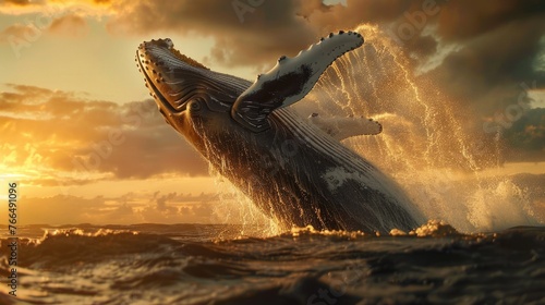 A stunning image of a humpback whale jumping out of the water at sunset. Perfect for nature and wildlife enthusiasts © Fotograf