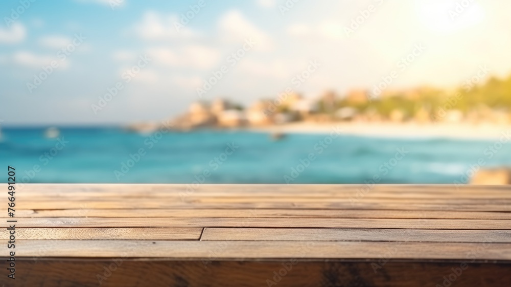 The empty wooden brown table top with blur background of seaside resort. Exuberant image. generative AI