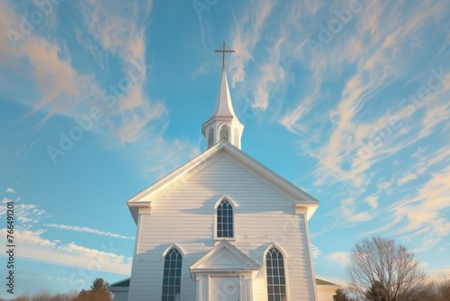 A serene image of a white church with a steeple and a cross on top. Perfect for religious or architectural concepts photo