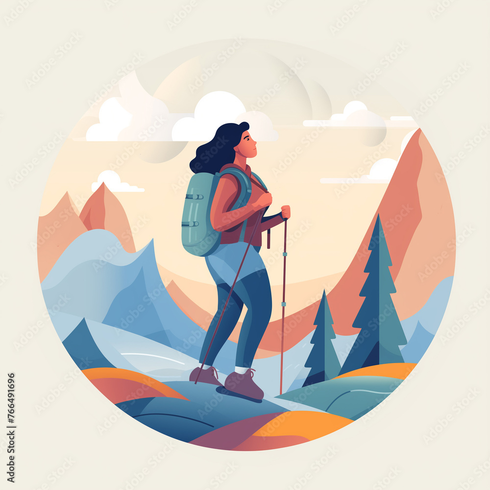 illustration of a female hiker with a backpack trekking through mountains under a cloudy sky.