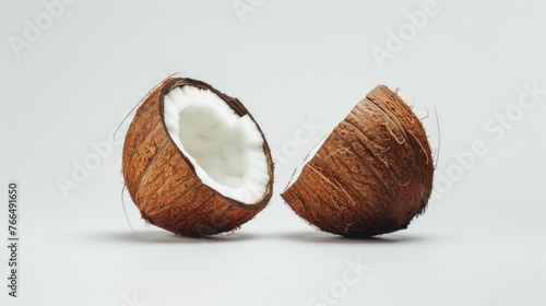 Fresh coconut halves on a clean white background. Perfect for food and tropical themed designs photo