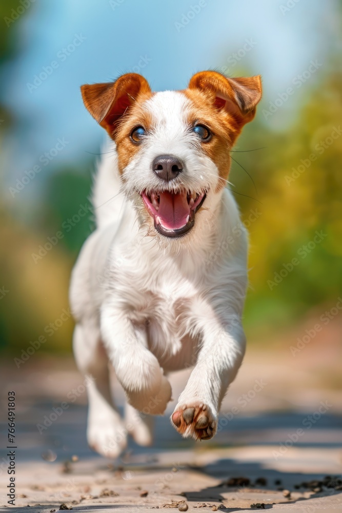 A small white and brown dog running on a sidewalk. Perfect for pet-related designs