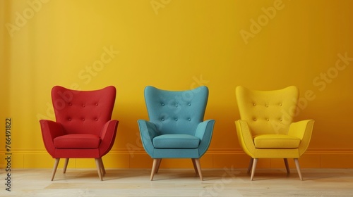 red, blue and yellow comfortable armchairs neatly aligned in a row against a yellow wall © Miss V