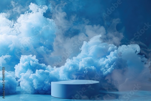 A blue smoke filled room with a round table. Ideal for business or mystery themes