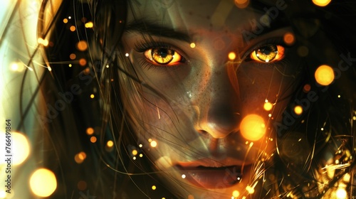 Close-up of a woman's face with eerie glowing eyes. Suitable for Halloween themes