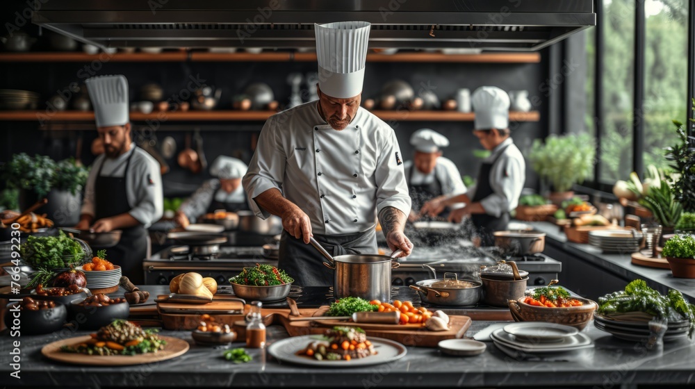 Professional chefs in a commercial kitchen