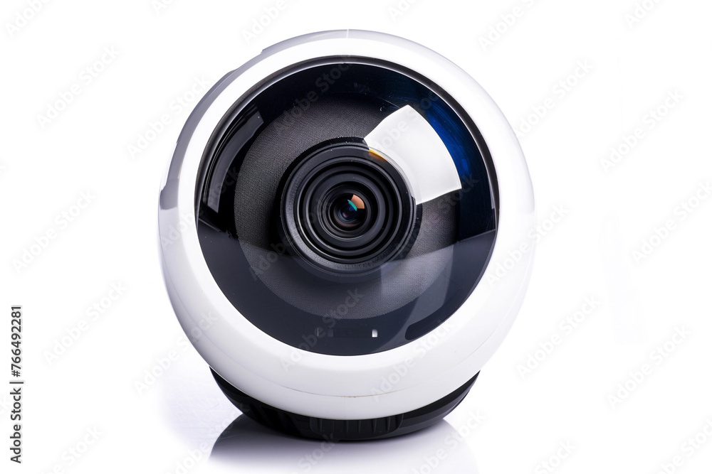 A smart home security camera with a blank lens isolated on white background, copy space below. A smart home security camera with a blank lens isolated on white background, copy space below.