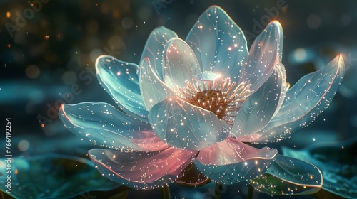 A digital artwork of a lotus flower radiating with a soft glow, surrounded by sparkling water droplets in a mystical pond setting.