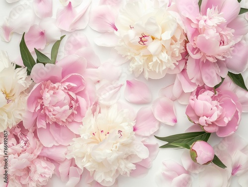 blooming peonies flowers  background with blooming light pink and white peony flowers and petals