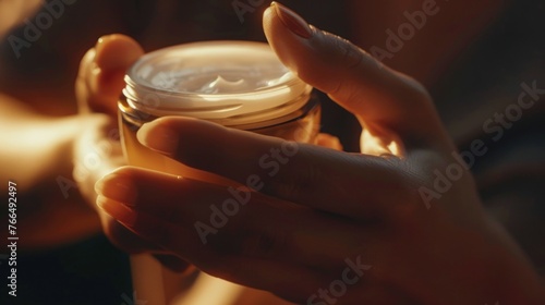 Person holding a jar of cream, ideal for beauty and skincare concepts