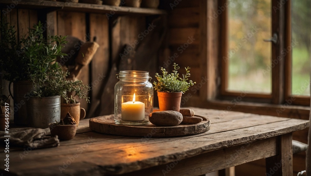 Warm candle light shining on a cozy rustic wooden table with vintage decorative elements and potted plants Warm candle light shining on a cozy rustic wooden table with vintage decorative elements and potted plants