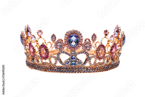 A gold and blue crown with pink and blue stones,isolated on white background or transparent background. png cut out or die-cut