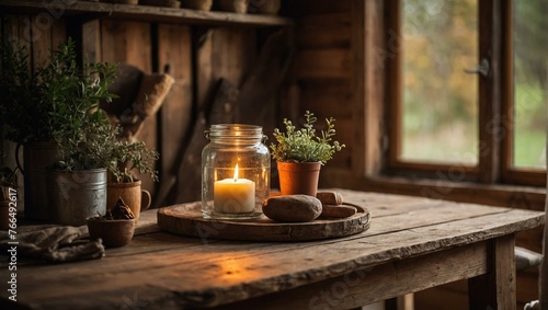 Warm candle light shining on a cozy rustic wooden table with vintage decorative elements and potted plants