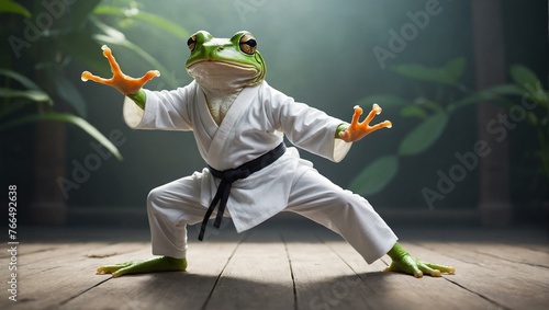 Amusing frog donning a karate outfit, embodying discipline and focus in a martial arts setting