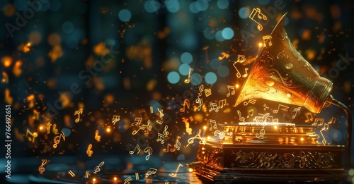 An illuminated vintage gramophone emanates glowing musical notes and sparks, creating an atmosphere of magical musical history.