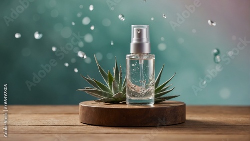 A refreshing scene with a glass spray bottle and water droplets against a backdrop of a serene green plant photo