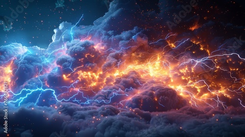 An impressive digital artwork showcasing storm clouds illuminated by a spectacular network of lightning, set against a starry night background.