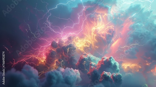 A vibrant clash of clouds and lightning in a cosmic storm, featuring hues of pink and blue with an otherworldly aesthetic.
