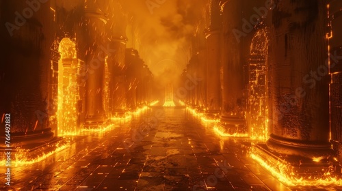 A grand corridor lined with pillars ablaze with fire  leading to a glowing  enigmatic gateway at the end  evoking a sense of mystical adventure.