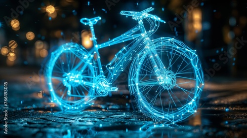 A neon blue wireframe bicycle stands out against the dark, wet pavement of a city street, with shimmering raindrops around it.