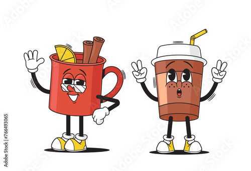 Cartoon Groovy Coffee And Tea Cups Whimsical Retro Hippie Characters, Bringing Fun And Flavor To Beverage Experience