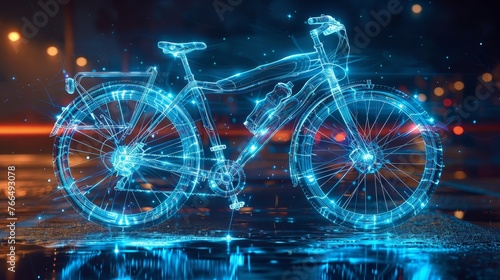A digital wireframe model of a bicycle glows with neon blue light, casting reflections on a wet urban street at night.