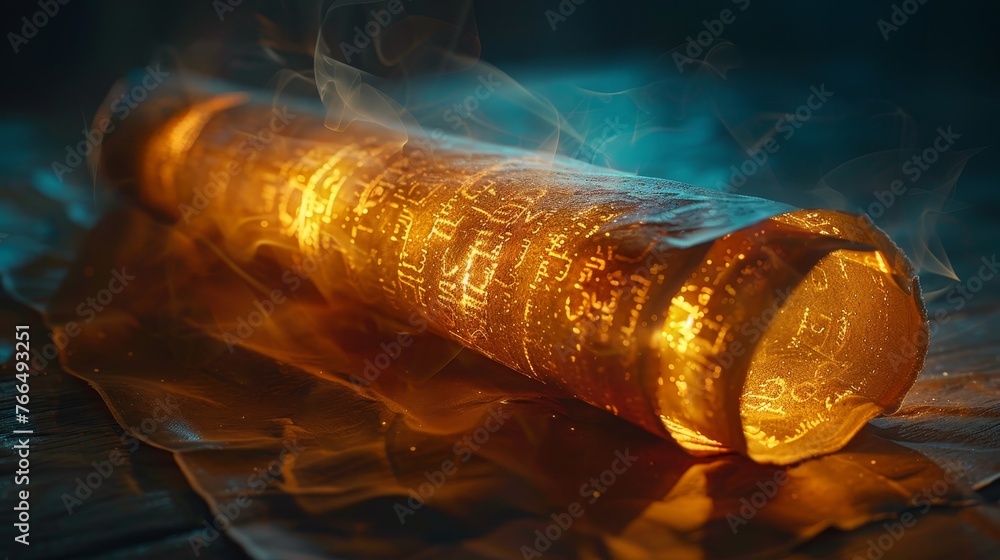 A mystical scroll radiates a golden light, revealing ancient texts, as if holding enchantments or long-lost knowledge waiting to be deciphered.