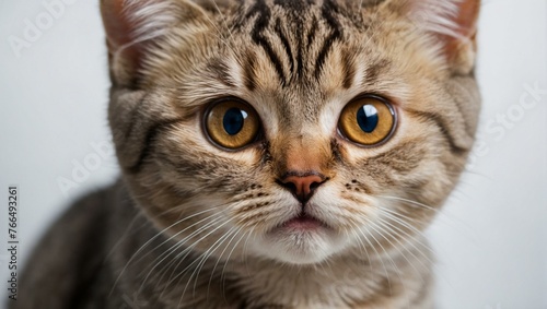 An appealing close-up of a tabby cat with striking amber eyes, generating a sense of curiosity and playfulness © ArtistiKa