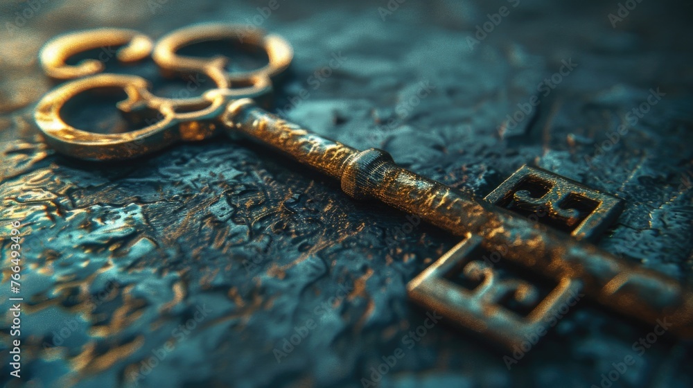 A close-up image of a key placed on a table. Suitable for various concepts and designs A close-up image of a key placed on a table. Suitable for various concepts and designs