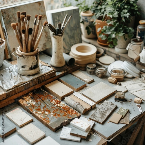 A busy pottery studio workspace cluttered with ceramic tools, paintbrushes, and unfinished pottery pieces among lush plants.