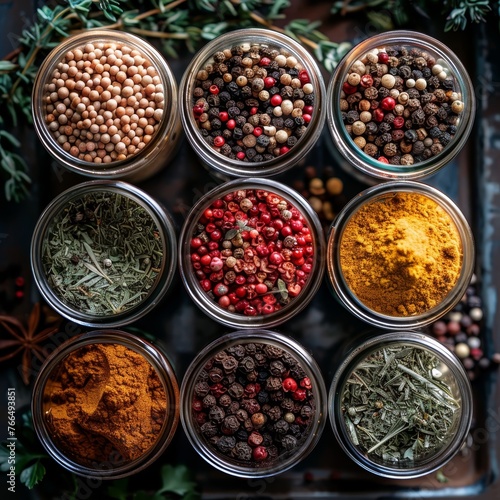 Top-down view of assorted spices in clear glass jars arranged neatly with fresh herbs surrounding them.
